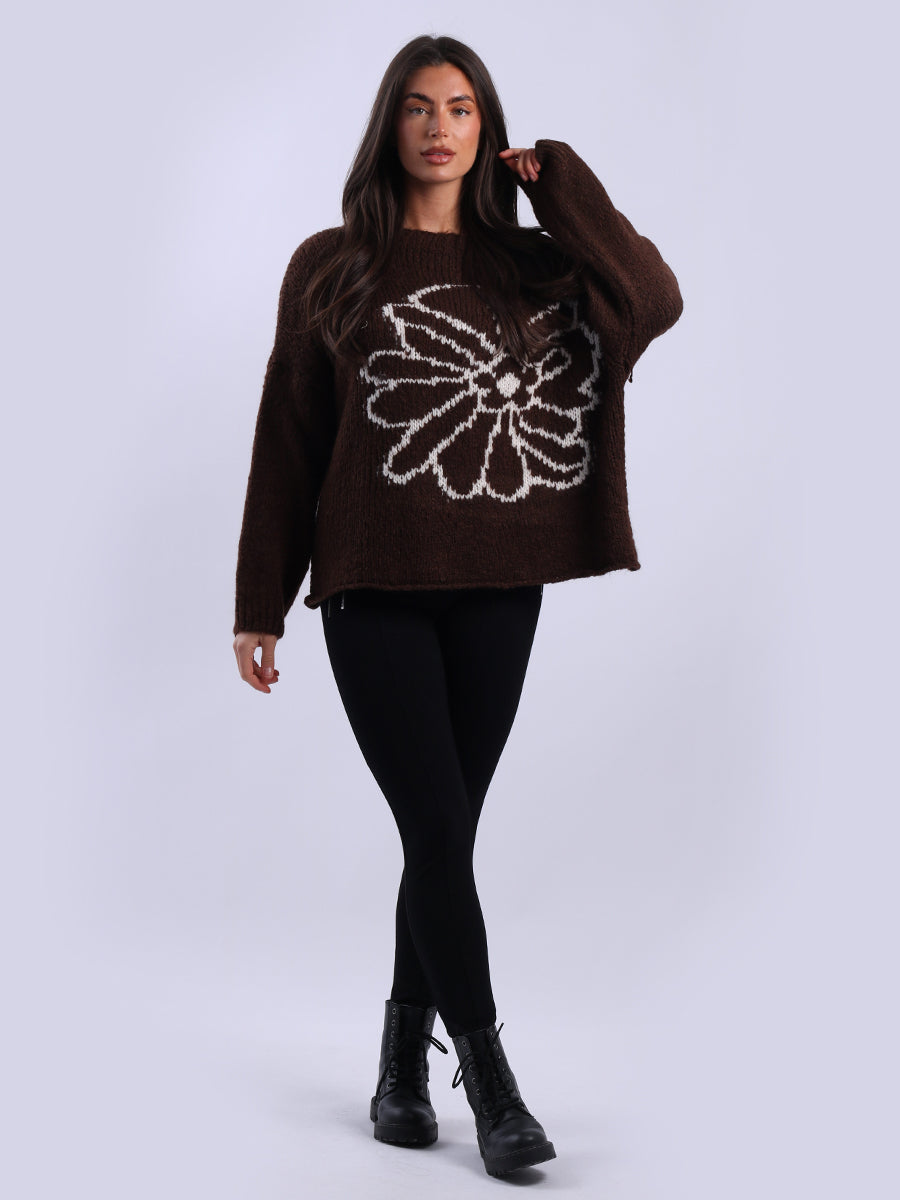 Drop Shoulder Floral Knit Wooly Jumper
