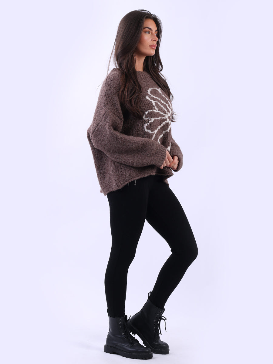 Drop Shoulder Floral Knit Wooly Jumper