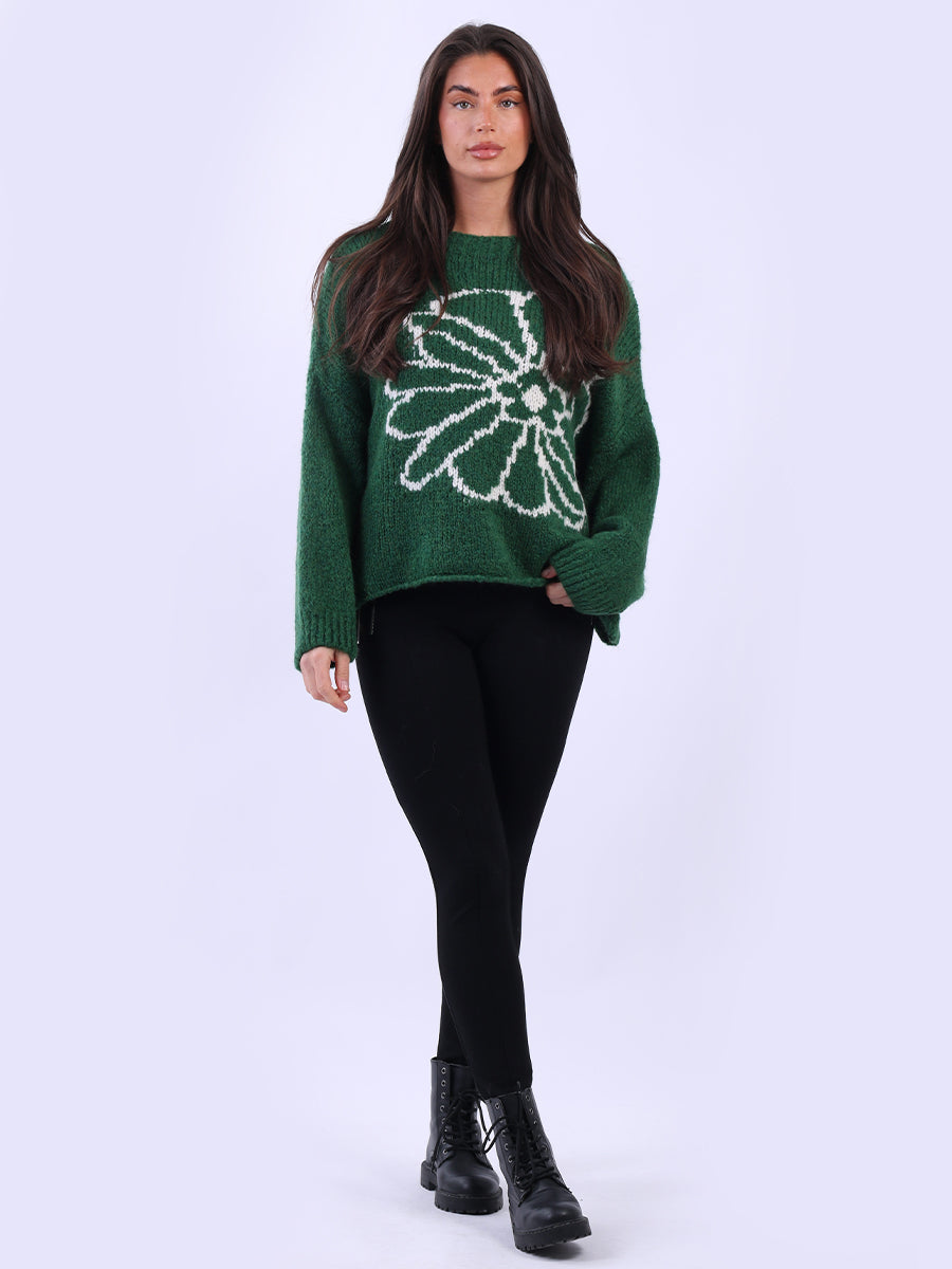 Drop Shoulder Floral Knit Wooly Jumper