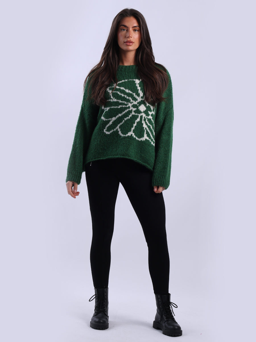 Floral Knit Baggy Wool Jumper Green
