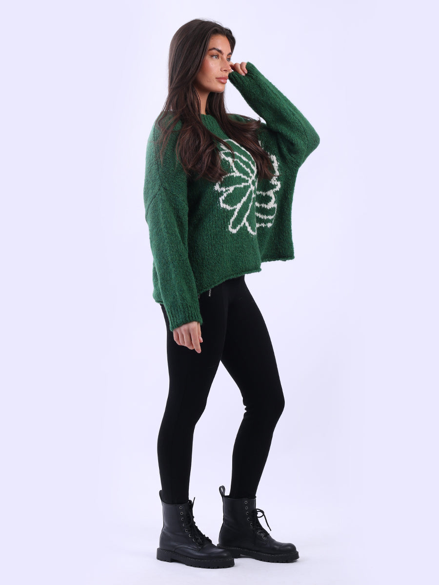 Drop Shoulder Floral Knit Wooly Jumper