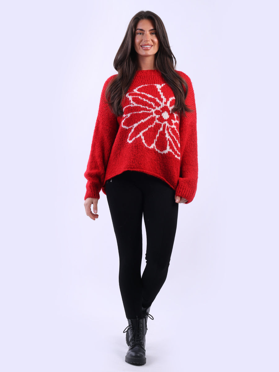 Drop Shoulder Floral Knit Wooly Jumper