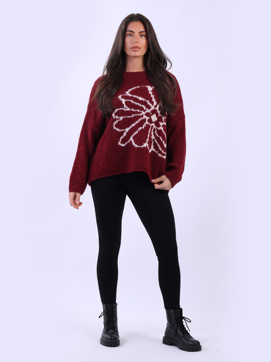 Floral Knit Baggy Wool Jumper Wine