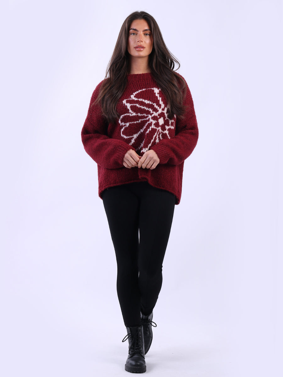 Drop Shoulder Floral Knit Wooly Jumper