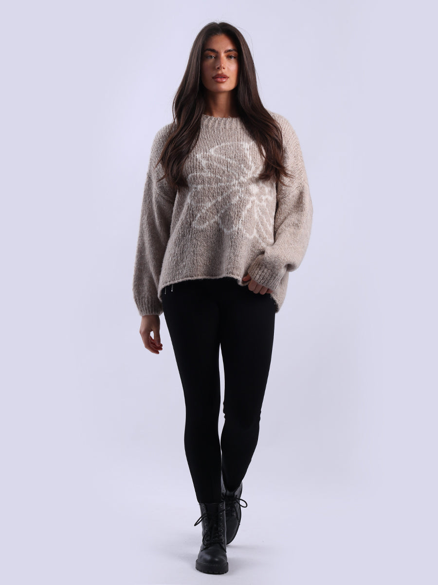 Drop Shoulder Floral Knit Wooly Jumper