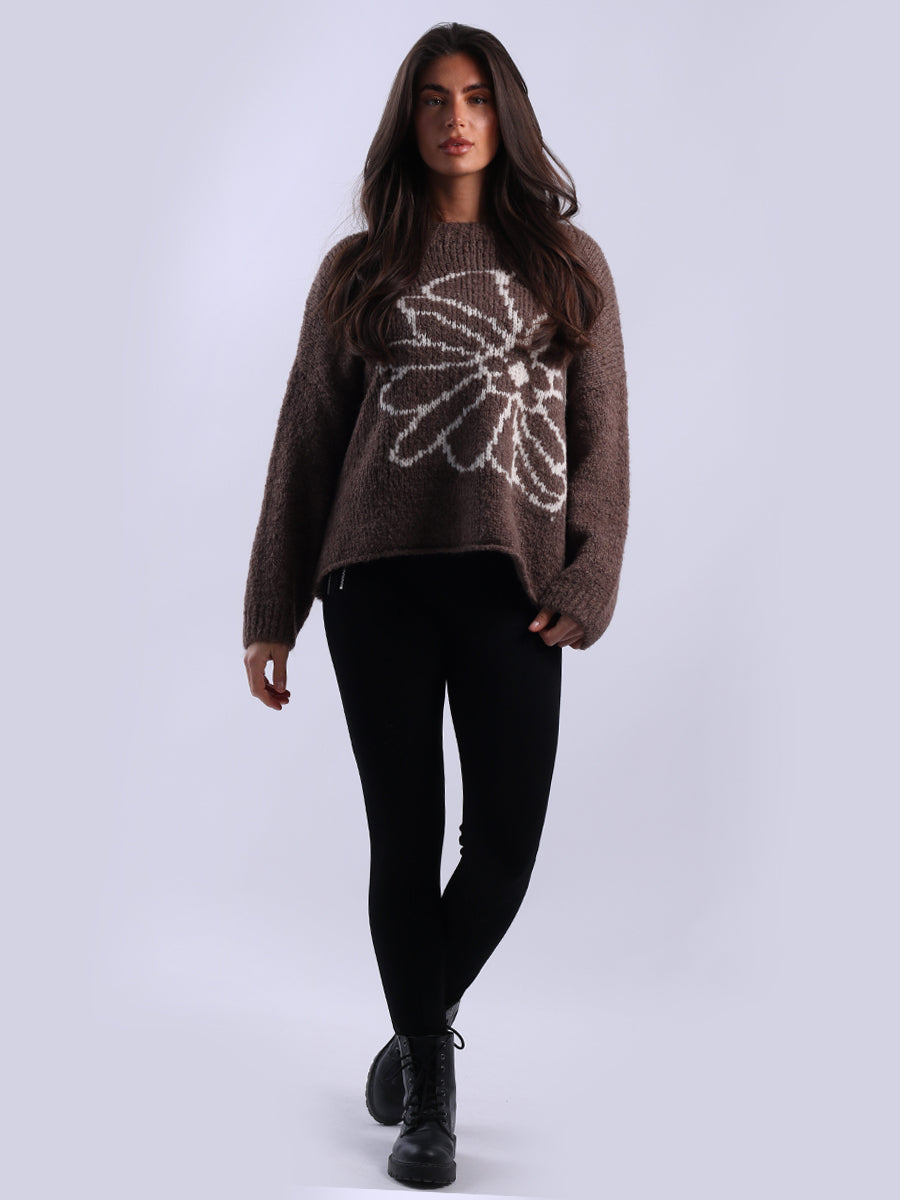 Drop Shoulder Floral Knit Wooly Jumper