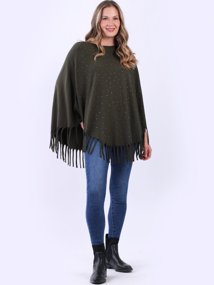 Glittery Women Knitted Poncho Khaki