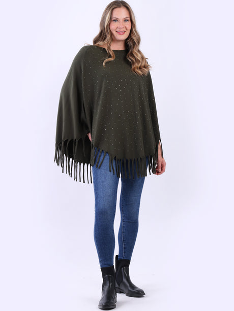 Glittery Women Knitted Poncho Khaki