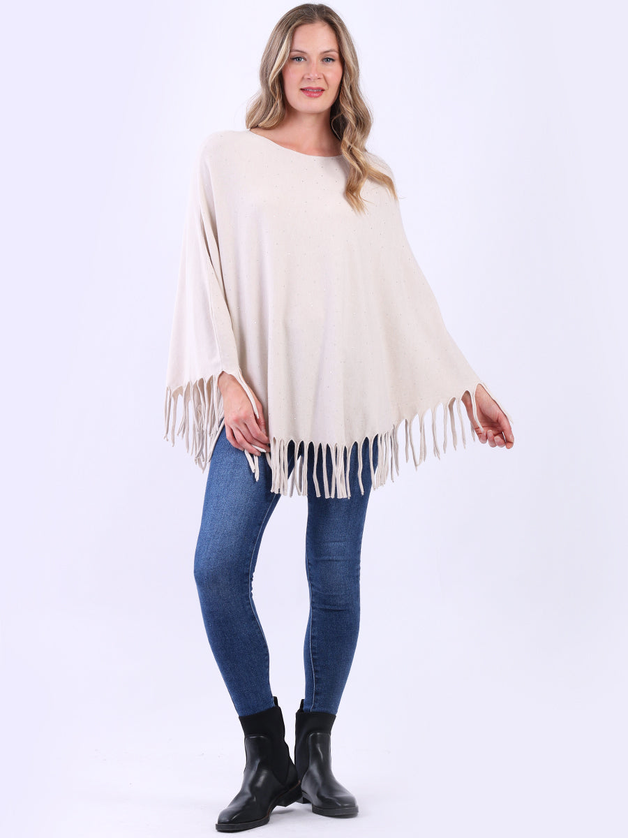 Glittery Women Knitted Poncho Beige
