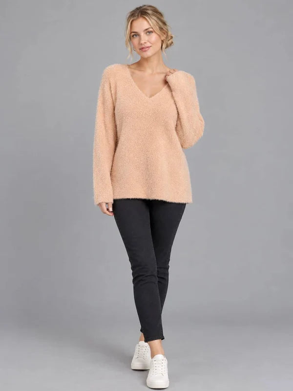 V Neck Wool Knit Jumper Camel