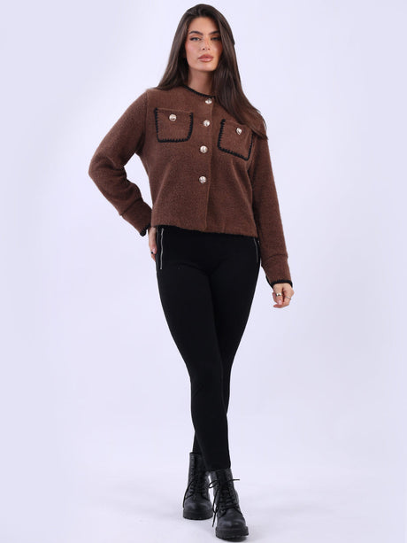 Contrast Stitch Crop Jacket Chocolate