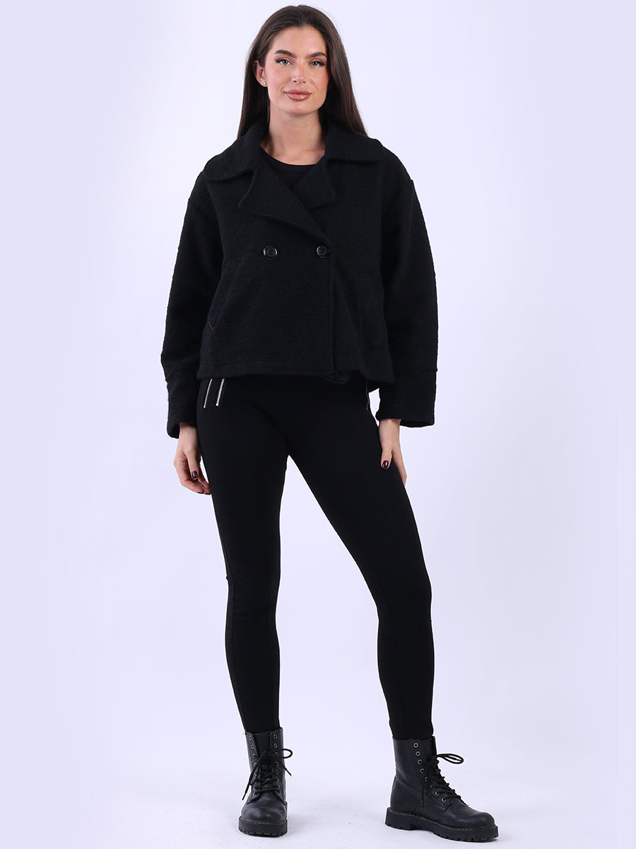 Double Breast Crop Woolen Coat Black