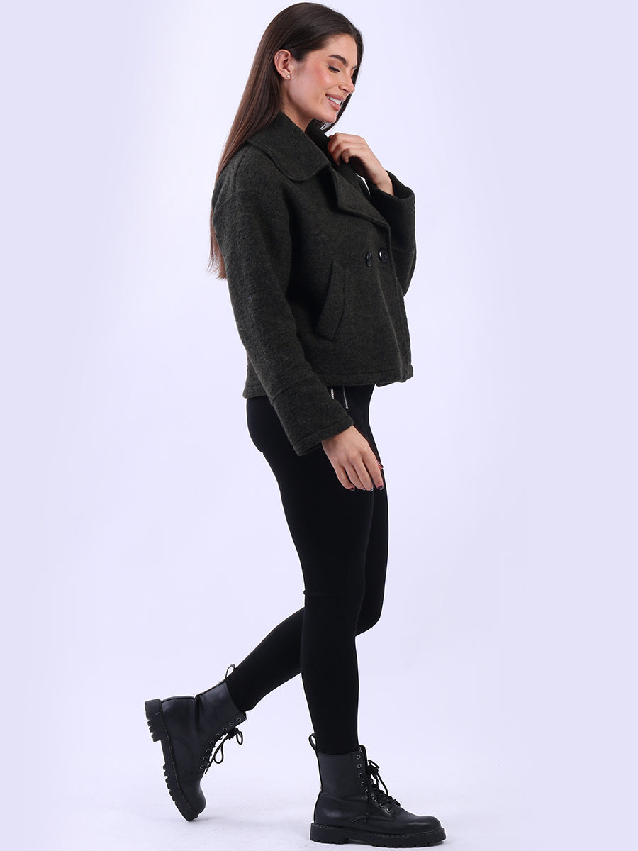 Plain Woolen Double Breast Crop Coat