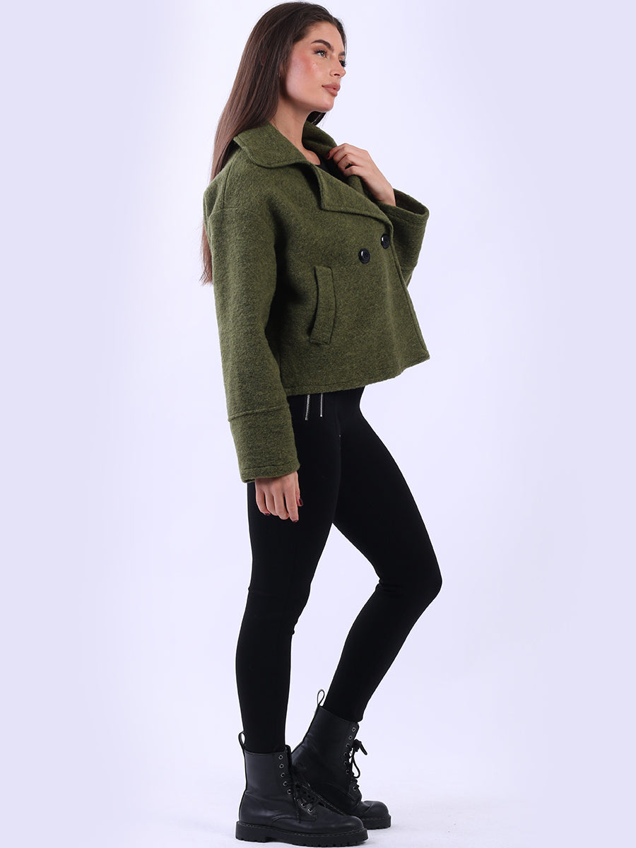 Plain Woolen Double Breast Crop Coat