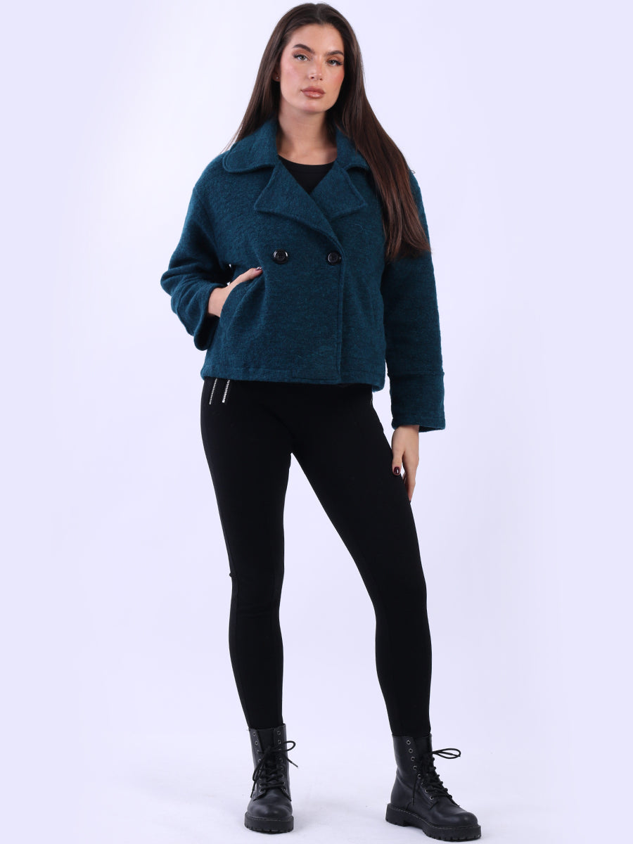 Double Breast Crop Woolen Coat Teal