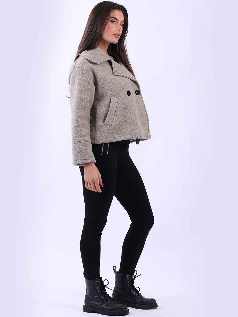 Plain Woolen Double Breast Crop Coat
