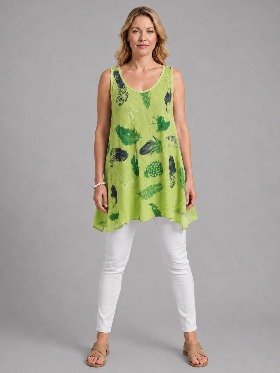 Feather Print Cotton Tunic Top Lime Green