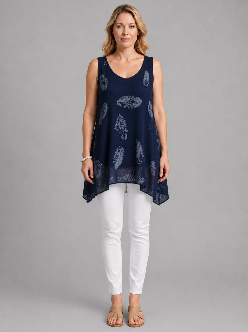 Feather Print Cotton Tunic Top Navy