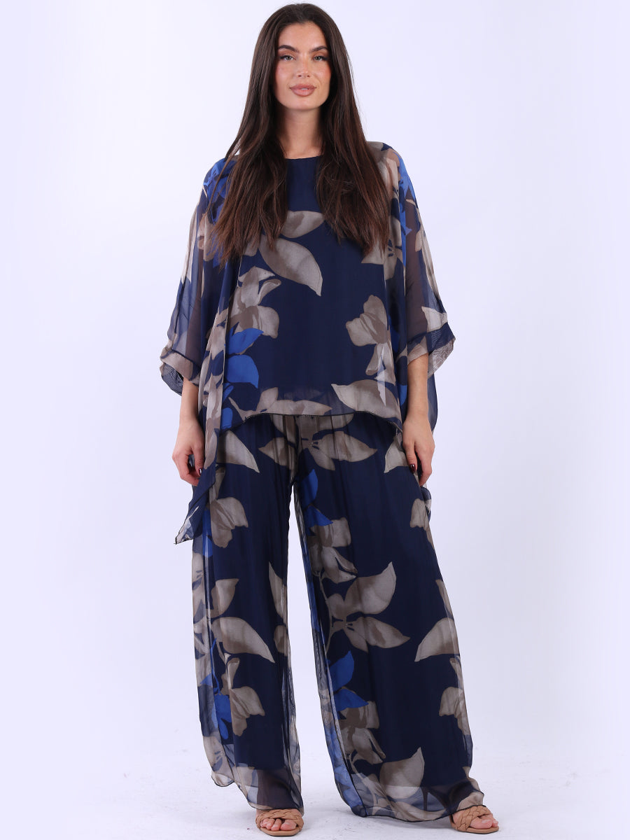 Floral Silk Tunic Top Navy