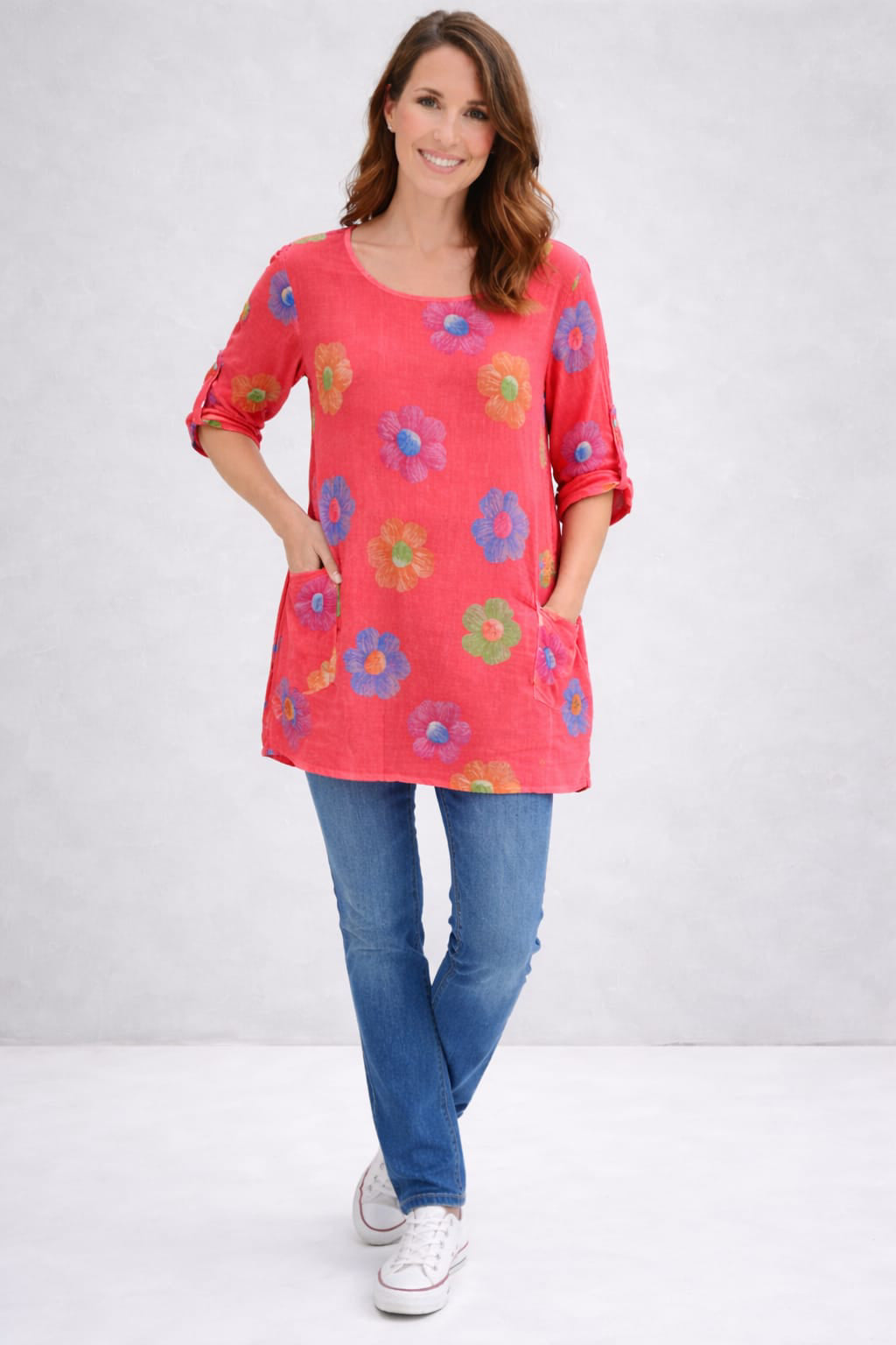 Flower Print Cotton Shirt Coral