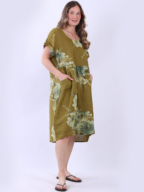 Floral Linen Dress Olive