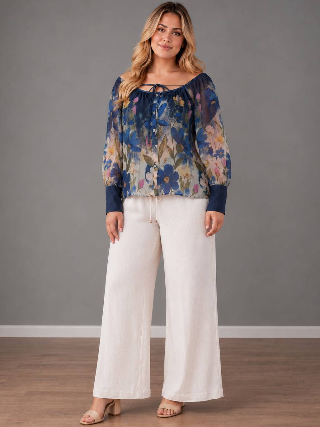 Floral Plus SIze Off Shoulder Top Navy