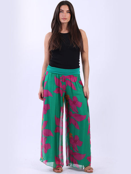 Floral Silk Palazzo Pant Green