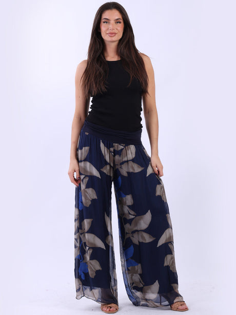 Floral Silk Palazzo Pant Navy