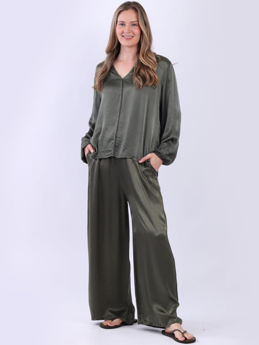Wide Leg Satin Trouser Khaki