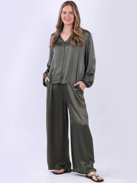 Wide Leg Satin Trouser Khaki