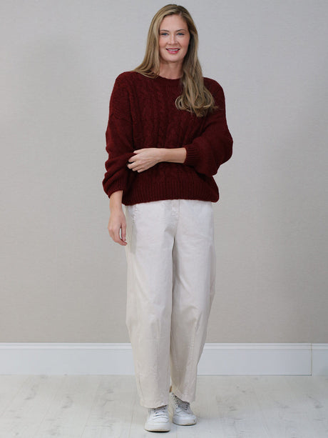 Cable Knit Wool Jumper Wine