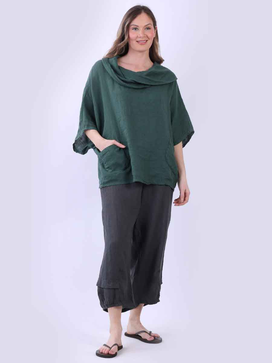 Linen Baggy Top Bottle Green