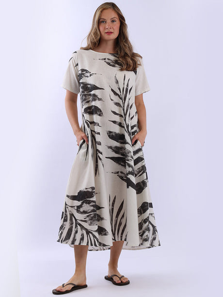 Palm Leaf Print Ladies Linen Summer Dress