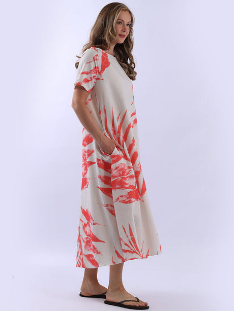 Palm Leaf Print Ladies Linen Summer Dress