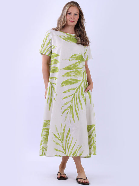 Palm Leaf Print Ladies Linen Summer Dress