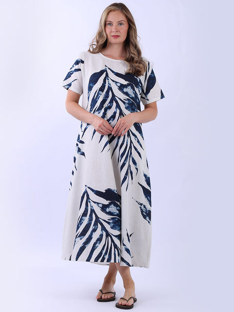 Palm Leaf Print Ladies Linen Summer Dress