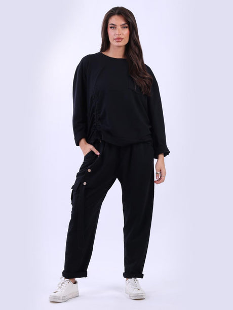 Ruched Cotton Sweat Top Black