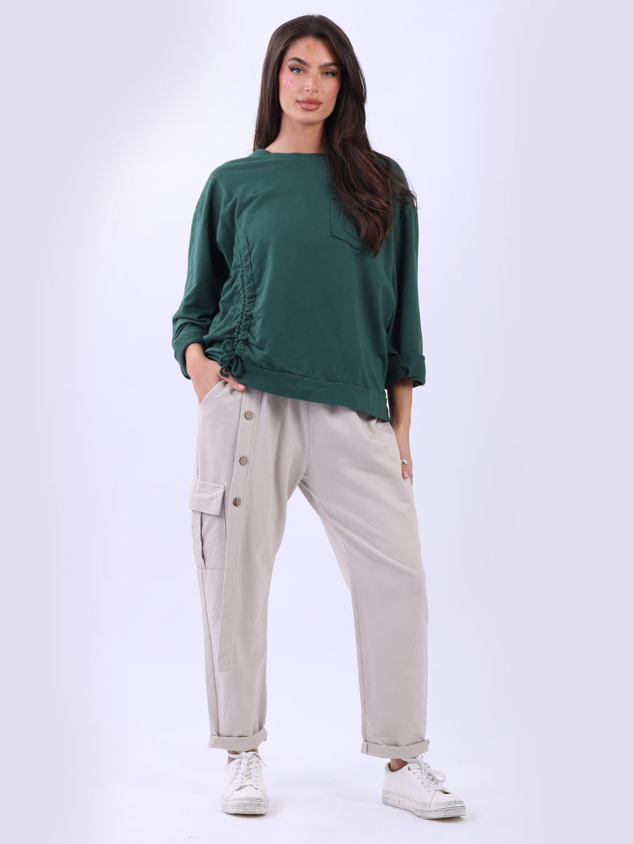 Ruched Cotton Sweat Top Bottle Green