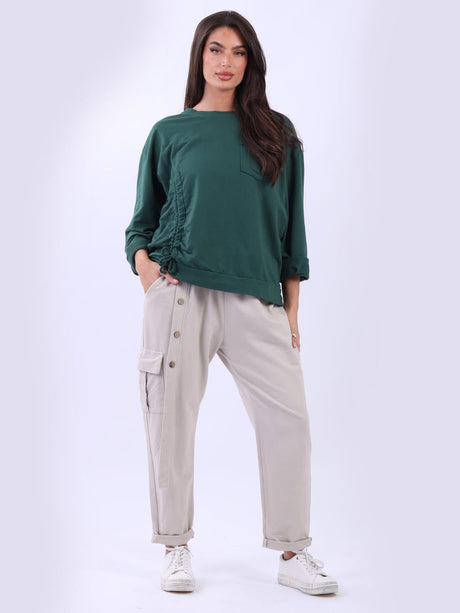 Ruched Cotton Sweat Top Bottle Green