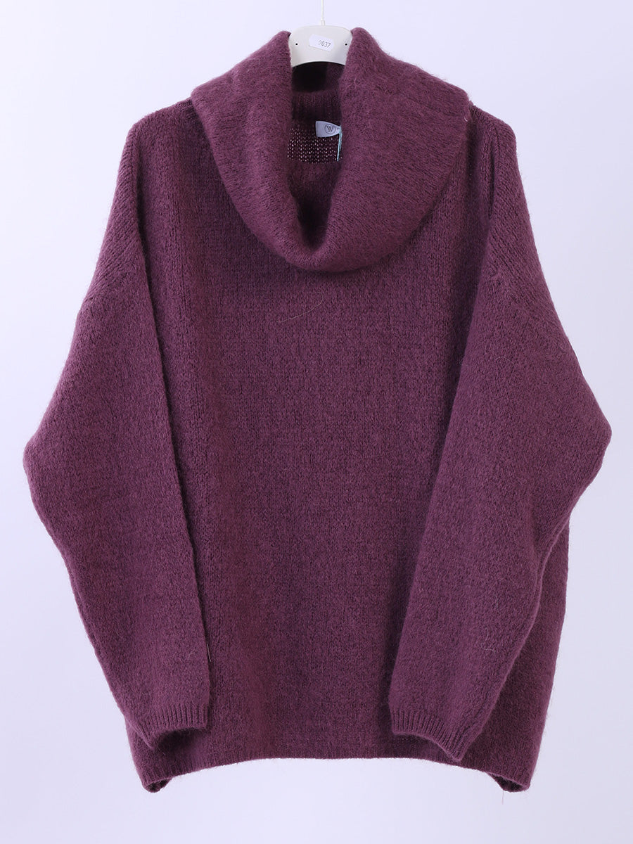 Cowl Neck Solid Knit Crop Jumper Wine