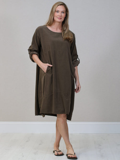 Solid Corduroy Cotton Midi Dress Dark Mocha