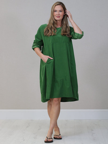 Solid Corduroy Cotton Midi Dress Green