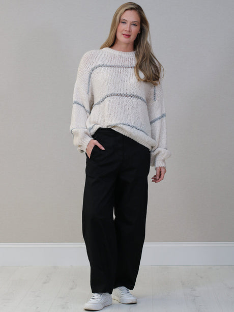 Stripy Batwing Wool Jumper White