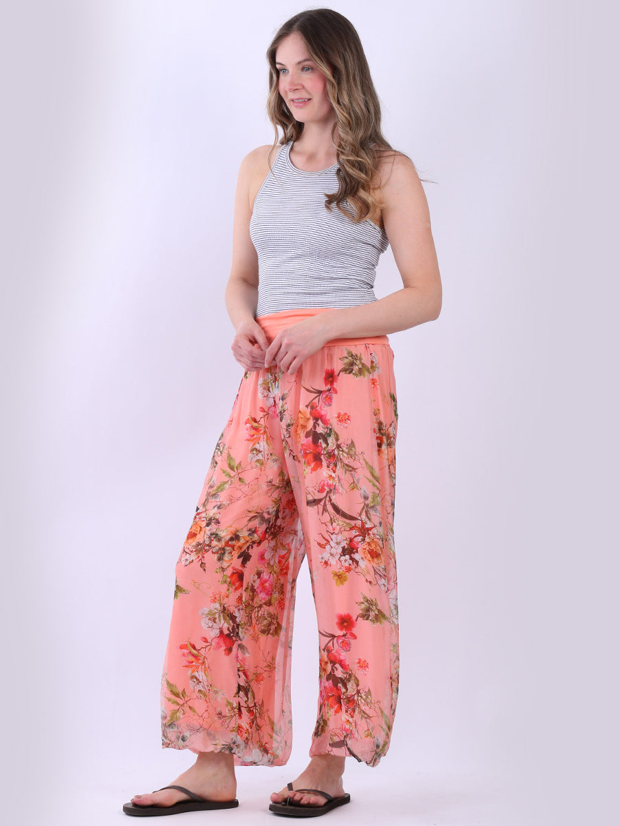 Women Floral Print Two Layered Silk Harem Trouser