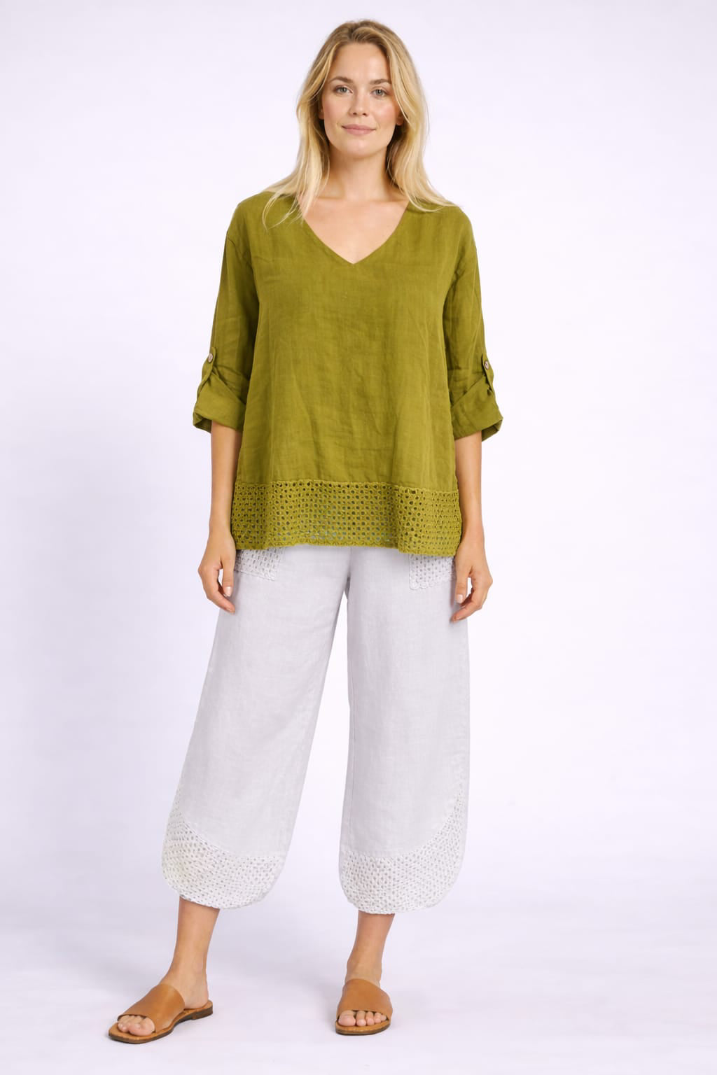 Crochet Linen Blouse Olive