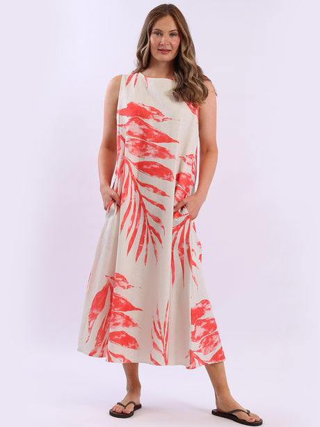 Ladies Leaf Print Linen Flowy Tank Dress
