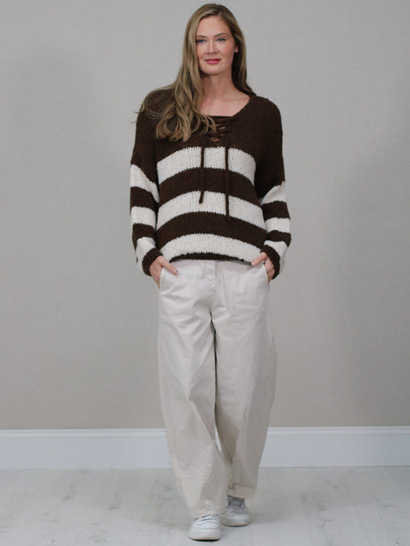 Woolen Knit Stripy Crop Jumper Chocolate