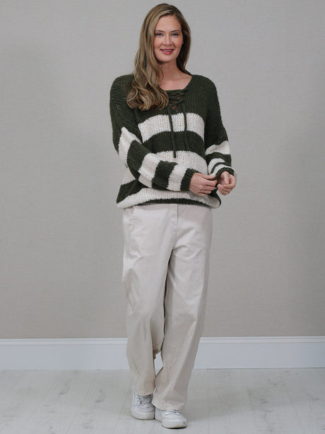 Woolen Knit Stripy Crop Jumper Khaki