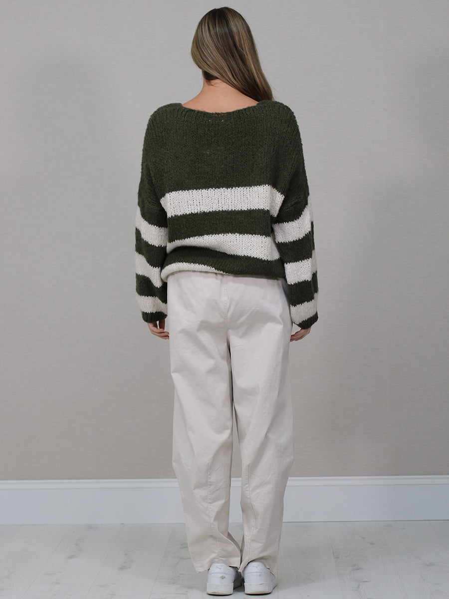Batwing Stripy Knitted Wool Crop Jumper