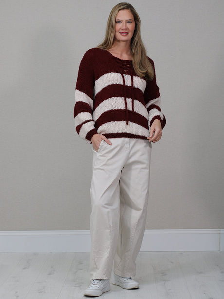 Woolen Knit Stripy Crop Jumper Wine